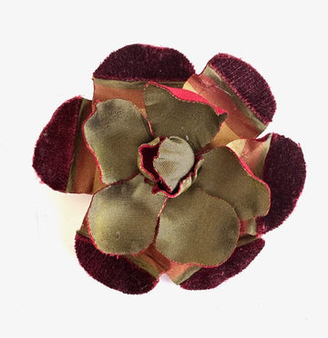 Silk Flower Brooch: Bronze and Red Silk/ Velvet