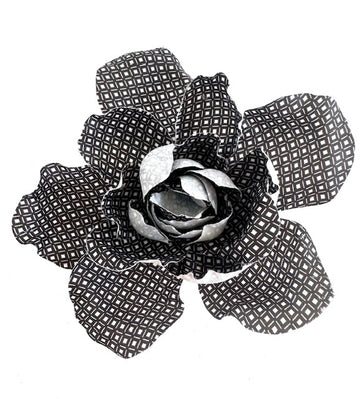 Silk Flower Brooch: Black and White Diamonds