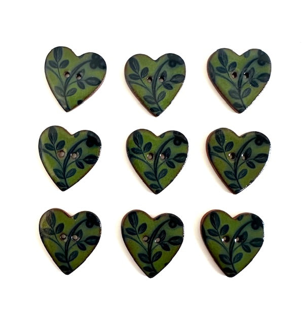 Ceramic Buttons: Green Heart with Blue