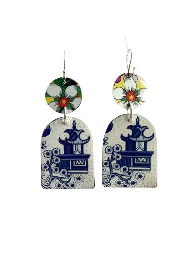 Tin Earrings Pagoda with Flower Double