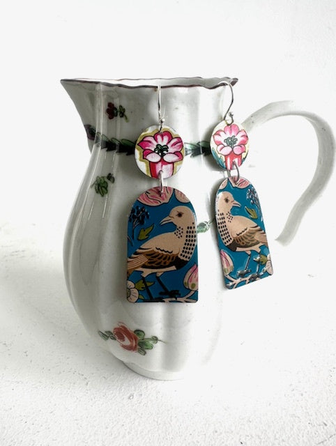 Tin Earrings Pink Flower and Bird