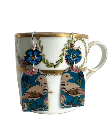 Tin Earrings Blue Flower and Bird