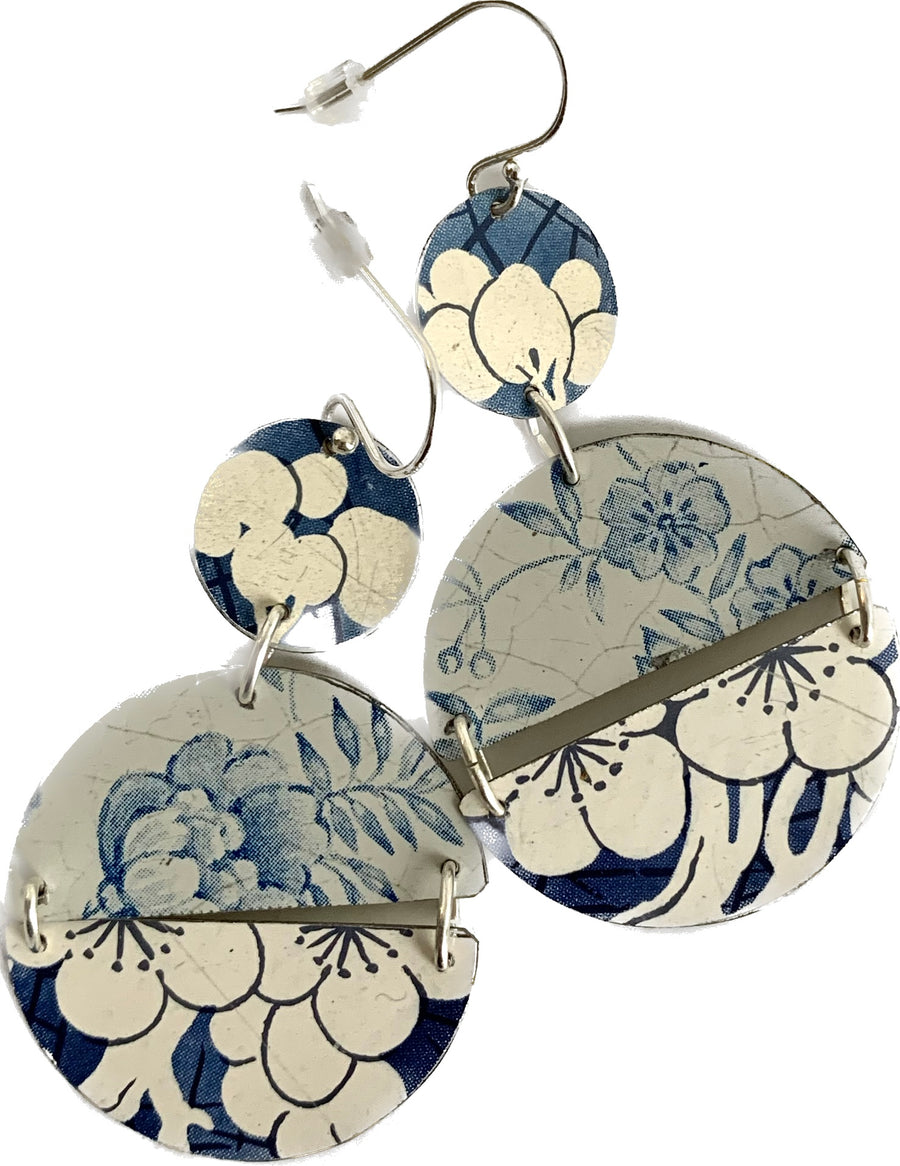 Tin Earrings Blue & White Floral Double