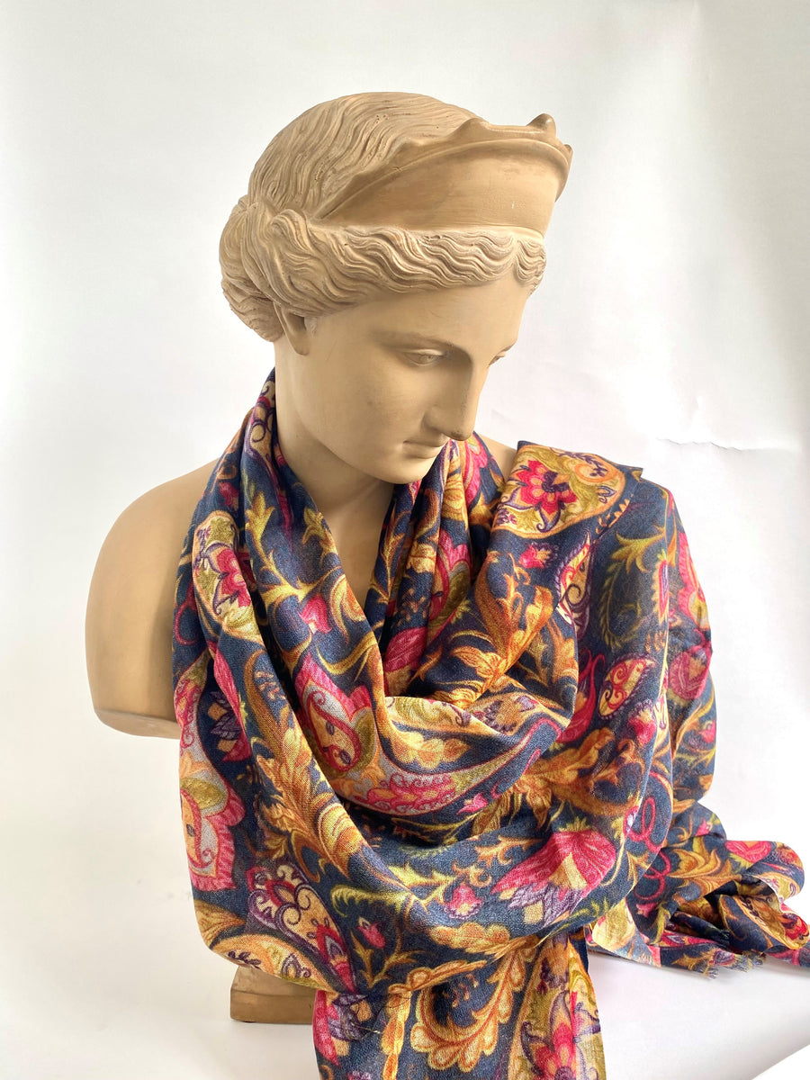 Scarf (Wool and Silk): Navy and Pink Paisley