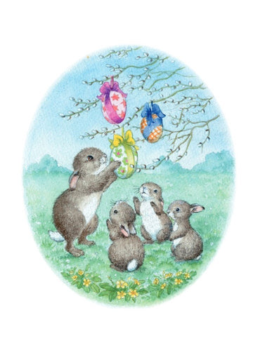 Card (Porch Fairies): Rabbits with Hanging Eggs