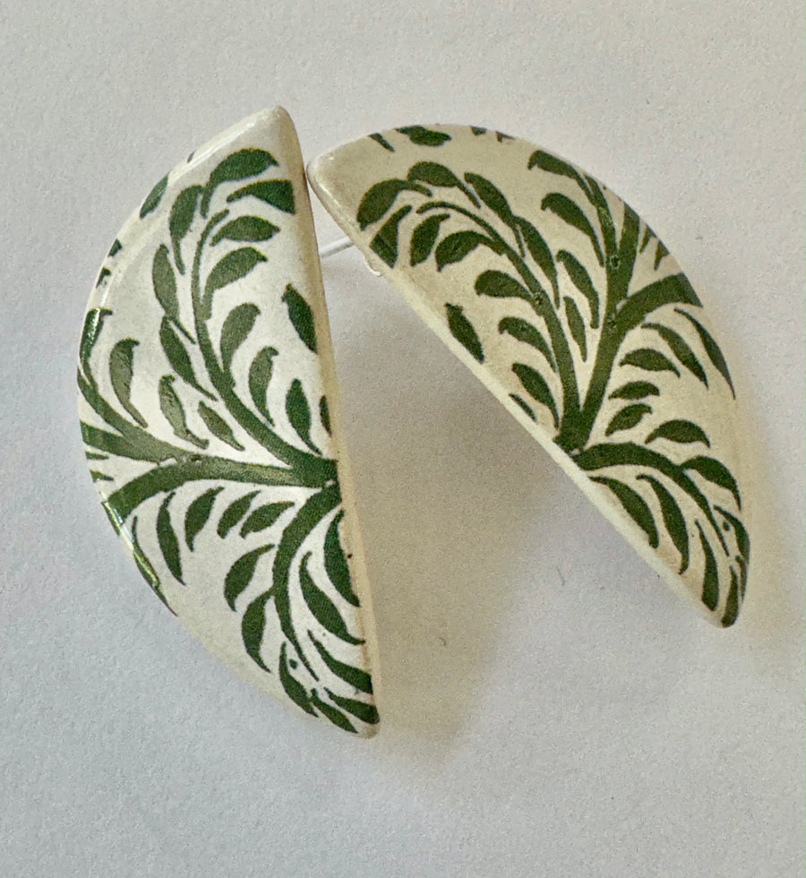 Ceramic Earrings: Warner Textile Green Foliage studs