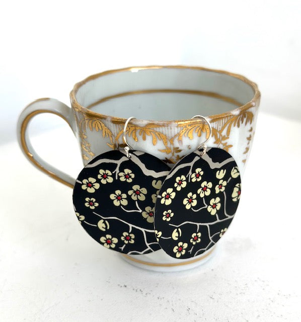 Tin Earrings Black and Gold Blossom